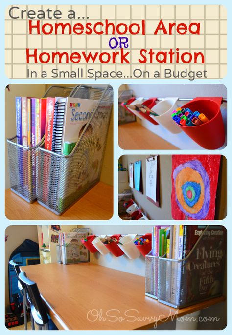 Create a Homeschool Area or Homework Station in a small space, on a budget Work Station Ideas, Homework Station Diy, Home Work Station, Literacy Corner, Homework Station Ideas, Homeschool Area, Kids Homework Station, Homework Space, Homework Desk