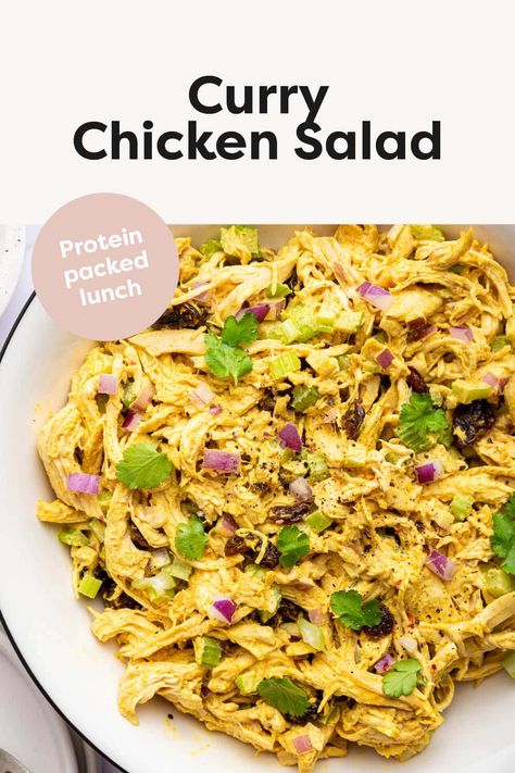 This curry chicken salad recipe with celery, onion and raisins is super flavorful and comes together fast using shredded chicken. It's an awesome salad to meal prep for lunches throughout the week. Recipe With Celery, Curry Chicken Salad Recipe, Curry Chicken Salad, Homemade Chicken Salads, Yogurt Chicken Salad, Celery Recipes, Make Shredded Chicken, Chicken Salad Recipe Easy, Soy Free Recipes