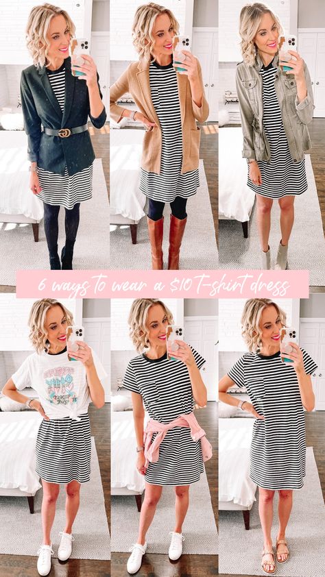 Styling A Shirt Dress Winter, Top Over Dress Outfits, Tshirt Dress Outfit Winter, Dress With Shirt Over It, Striped Tshirt Outfits, Shirt Dress Outfit Ideas, Tee Shirt Dress Outfit, Shirt Over Dress Outfit, T Shirt Over Dress