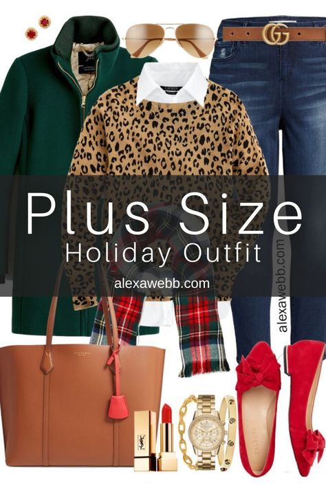 Plus Size Holiday-Inspired Outfits - Leopard Sweater, White Button-Down, Jeans, Plaid Tartan Scarf, Green Coat and Red Flats - Alexa Webb Green Plaid Sweater Outfit, Red Christmas Outfits For Women, Plaid Flats Outfit, Christmas Sweatshirt Outfit Ideas, Plus Christmas Outfit, Red Sweatshirt Outfit Aesthetic, Cute Christmas Sweater Outfit, Alexa Webb 2024, Buffalo Plaid Outfit Women