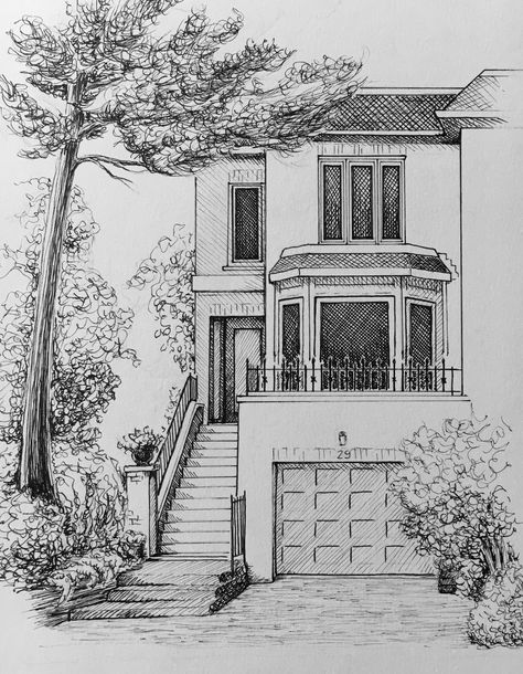 Landscape House Drawing, Row House Sketch, Ink House Drawing, Architect Drawing House, House Drawings Sketches, Architectural House Drawing, Pen Art Landscape, Pen Sketch Landscape, House Pen Drawing