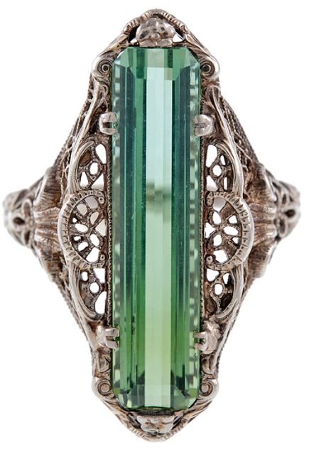 Antique green tourmaline filigree ring, circa 1880, antique jewelry, Victorian, white gold, heirloom, cocktail ring, dinner ring Bijoux Art Deco, Bijoux Art Nouveau, Gemstone Wedding, Green Tourmaline Ring, Wedding Women, Antique Green, Ring Emerald, Emerald Engagement, Silver Style