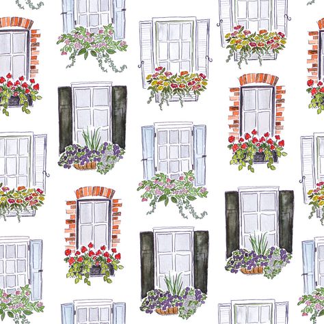 Window box florals; floral surface pattern design by mhbpaper Window Flower Box Drawing, Flower Box Illustration, Flower Window Drawing, Cute Window Drawing, Flower Window Art, Flower Box Drawing, Window With Flowers Drawing, How To Draw A Window, Window Design Drawing