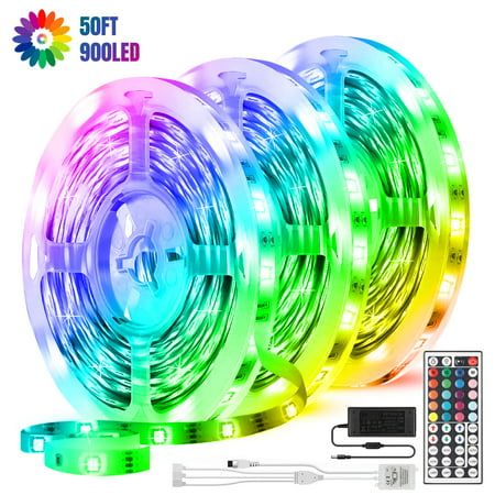 50ft LED light strip is equipped with 900pcs bright 3528 SMD LED beads. 8 lighting modes are selectable to create an immersive and charming ambiance for different occasions. Adopted high-quality materials, our TV backlit strip runs at low temperatures and with less heat radiation, which is safe to touch and use. For more convenience, the tape lights come with a 44-key IR remote to adjust brightness, color, lighting modes, etc. In addition, our RGB rope lights are designed with strong self-adhesi 50ft Led Lights, Led Lights Bedroom, Led Room, Led Lighting Bedroom, Color Lighting, Easy Decor, Home Decor Bathroom, Birthday Wishes For Myself, Led Light Strip