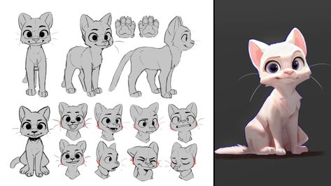 Cartoon Animals Sketches, Cat Turnaround Sheet, Cartoon Cat Expressions, Cat Concept Art Character Design, Kitten Character Design, Cat Character Drawing, Cat Turnaround, Disney Expression Sheet, Expression Sheet Character