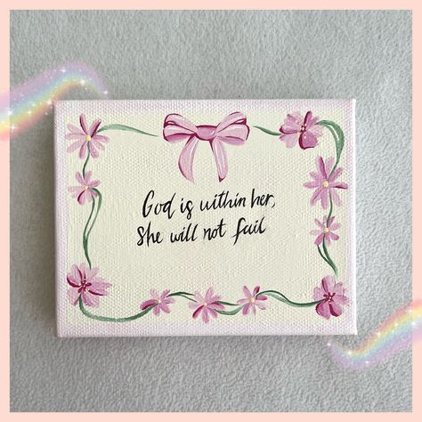 Christian Art｜'God is within her, she will not fail'｜Acrylic Painting on Canvas Bible Verse - Psalms 46:5 Size - 5 x 4 in. (L x W) This is an acrylic painted canvas Ships within 1-3 days  Thank you so much for taking the time to visit my shop. It is much appreciated! If you have any questions or concerns please contact me at any time! Socials - Instagram: @mgdesignsart_ Facebook: MGdesignsArt Simple Best Friend Paintings, Diy Christian Canvas Art, Painting Bible Cover Easy, Inspirational Quote Painting, Pretty Pink Paintings, Biblical Canvas Paintings, Christian Diy Paintings, Canvas Verse Painting, Inspirational Canvas Painting