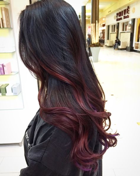 Burgandy Hair Underneath Brown, Subtle Red Balayage Black Hair, Black Hair Balayage Colorful, Red Colour On Black Hair, Plum Red Balayage, Purple Brunette Hair Balayage, Black To Burgundy Balayage, Burgundy With Black Hair, Black To Auburn Ombre