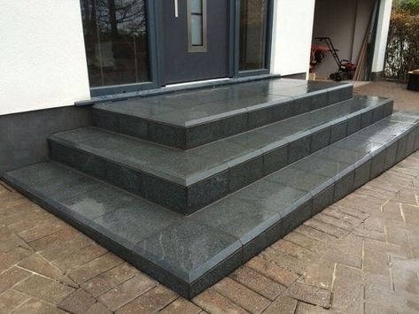 Tiles For Steps Stairways, Entrance Granite Steps Design, Exterior Transformations, Stone Porch, Granite Steps, Front Door Steps, Front Stairs, Tile Steps, Modern Entrance Door