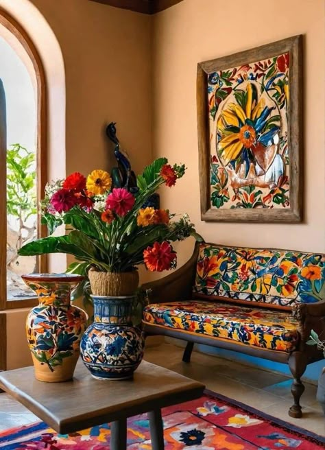 Spanish Home Decor Mexican Style, Mexican Home Decor Living Room, Home Decor Mexican Style, Mexican Style Living Room, Mexican Home Decor Modern, Homes In Mexico, Mexican Decor Ideas, Modern Mexican Decor, Cozy Window Nook