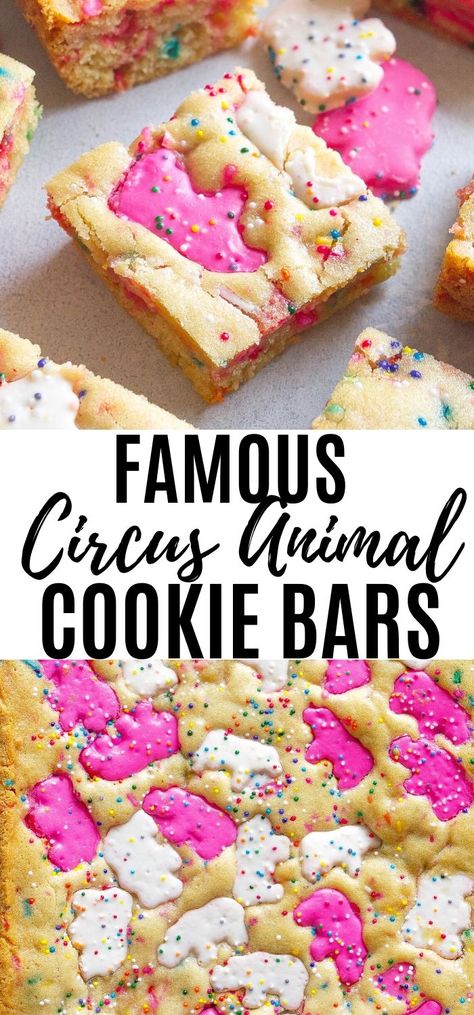 These soft and chewy Famous Circus Animal Cookie Bars are buttery and sweet. Pieces of the famous Circus Animal Cookies are in each bite! #circusanimalcookies #blondies #circusanimals #sprinkles #dessert #cookiebars #frostedanimalcookies #animalcookies #bars Circus Animal Cookie Bars, Circus Animal Cookie Dip, Mothers Animal Cookies, Circus Animal Blondies, Circus Animal Cookie Cupcakes, Iced Animal Cookies Desserts, Circus Animal Cookie Dessert, Dipped Animal Crackers, Crumbl Animal Cookie Copycat