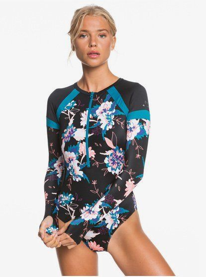 roxy, ROXY Fitness - Long Sleeve UPF 50 One-Piece Rashguard for Women, TRUE BLACK VALLAY (xkbw) Roxy Bathing Suits, Roxy Swimwear, Swimsuit Workout, Long Sleeve Swimsuit, Sun Cream, Long Sleeve Onesie, One Piece Swim, Swimwear Collection, Cover Up Dress