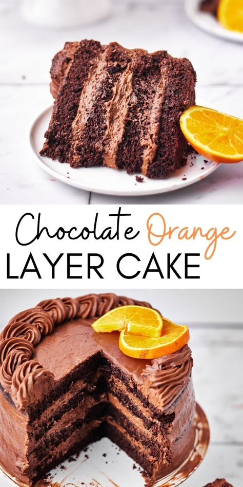 This Chocolate Orange Cake consists of layers of moist chocolate and orange cake filled with silky mousse-like chocolate orange frosting and topped with an orange-infused chocolate ganache. The filling is made with a custard base which makes it super smooth and light and it carries so much flavor - it's absolutely delicious. Great as a celebration cake for a special occasion, birthday or dinner party. Tastes just like a Terry's Chocolate Orange but in cake form. #dessert #chocolateorange Terrys Chocolate Orange Cake, Orange Cake Filling, Orange Layer Cake, Infused Chocolate, Chocolate Orange Cake, Orange Mousse, Orange Buttercream, Terry's Chocolate Orange, Chocolate Ganache Frosting