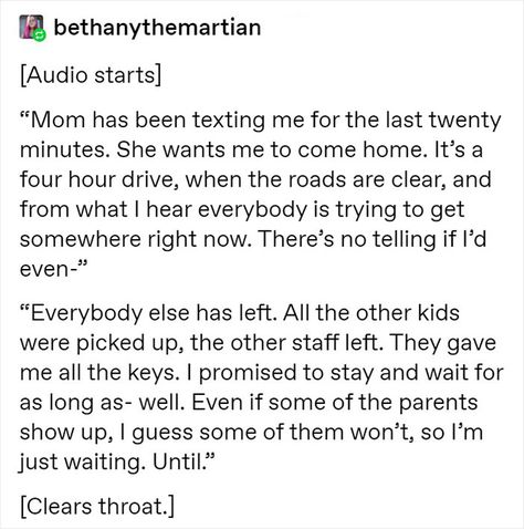 Over 75K People On Tumblr Can't Get Enough Of This Fictional Story About A Daycare Worker Watching Over Toddlers During The End Of The World Daycare Worker, Tumblr Stories, Story Writing Prompts, Writing Inspiration Prompts, Story Prompts, Quick Reads, The End Of The World, Writing Prompt, Writing Words