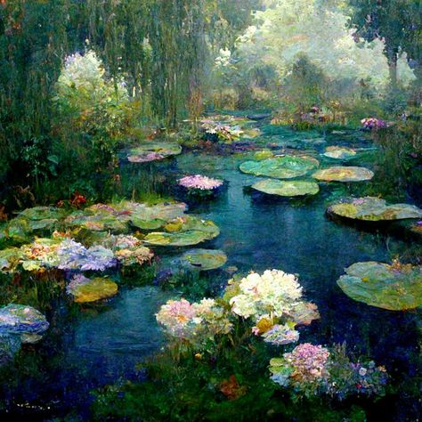 This art is created by MidJourney. Aesthetic Oil Painting Ideas, Pond Art, Alex Smith, Water Lilies Painting, Claude Monet Water Lilies, Rococo Art, Claude Monet Art, Monet Water Lilies, Monet Art