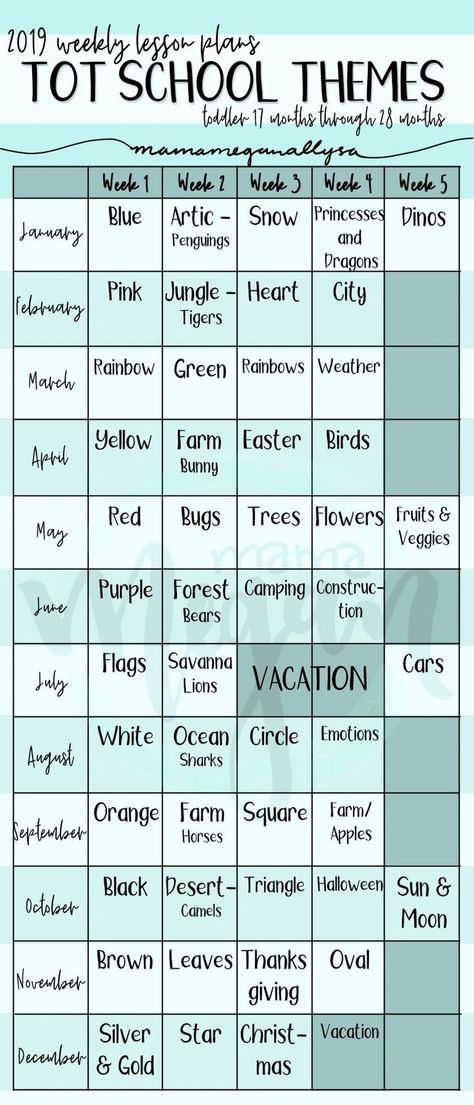 a chart that shows our 2019 tot school themes for each week of the year for a young toddler Weekly Daycare Themes Lesson Plans, Themes For Childcare, May Toddler Themes, Weekly School Themes, School Week Themes, Theme Daycare Ideas, Infant Themes Lesson Plans, May Daycare Themes, Learning Themes For Toddlers