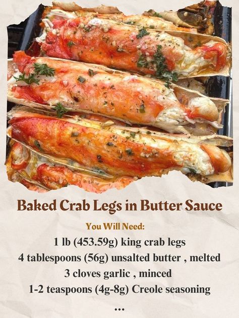 Ingredients:\n1 lb king crab legs\n4 tablespoons unsalted butter\n3 cloves garlic\n1-2 teaspoons Creole seasoning\n1 tablespoon lemon juice\n1 tablespoon chopped chives\nInstructions:\nPreheat oven to 375F\nCut crab legs in half\nMix butter, garlic, Creole seasoning\nAdd lemon juice\nBrush crab with mixture\nBake for 5 minutes\nSprinkle with chives\nServe with sauce & lemon\n#CrabLegsRecipe #SeafoodLovers #EasyDinner Seafood Butter Sauce Recipe, King Crab Legs Recipe, Crab Legs Recipe, Baked Crab, King Crab Legs, King Crab, Cooking 101, Creole Seasoning, Crab Legs