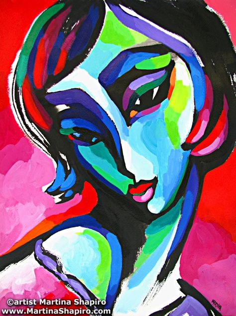 Abstract Female on Red painting by artist Martina Shapiro Martina Shapiro Paintings, Martina Shapiro, Women Portraits, Girl Face Drawing, Abstract Portrait Painting, German Expressionism, Human Figures, Red Painting, Abstract Face Art