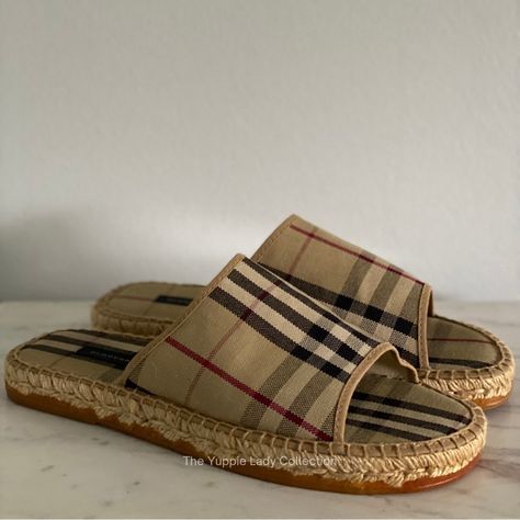 Burberry Nova Check Espadrille Slides With Jute Trim And Rubber Soles. - Rubber Soles - Size: Us 10.5 - 10.3” For Comfortable Fit - New Without Box Note: Shoes Are Labeled Size 43. See Measurements Above For Best Fit. Espadrilles Slides, Burberry Shoes, Label Sizes, New Color, Burberry, Slides, Espadrilles, Comfort Fit, Size 10