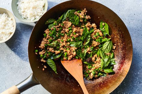 As dynamic as it is speedy, this ground chicken and green bean recipe from “Night + Market” (Clarkson Potter, 2017) by Kris Yenbamroong and Garrett Snyder, delivers a wallop of flavor with punchy ingredients that stir-fry in just 15 minutes While this popular Thai street food can be whipped up using a range of proteins, Mr Yenbamroong refers to his riff as “low-rent” because it’s prepared with ground chicken rather than pricier slices of meat Pad Krapow, Bell Pepper Salad, Thai Basil Chicken, Grilled Cauliflower, Fruit Sandwich, Bean Recipe, Weeknight Recipes, Easy Bacon, Recipes Soup