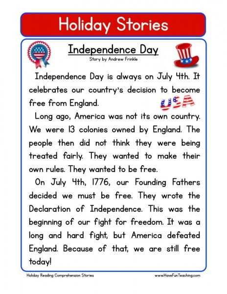 Independence Day Holiday Reading Comprehension, Third Grade Reading Comprehension, Ingles Kids, Teaching Reading Comprehension, English Stories For Kids, Reading Comprehension Lessons, Holiday Stories, Have Fun Teaching, Third Grade Reading