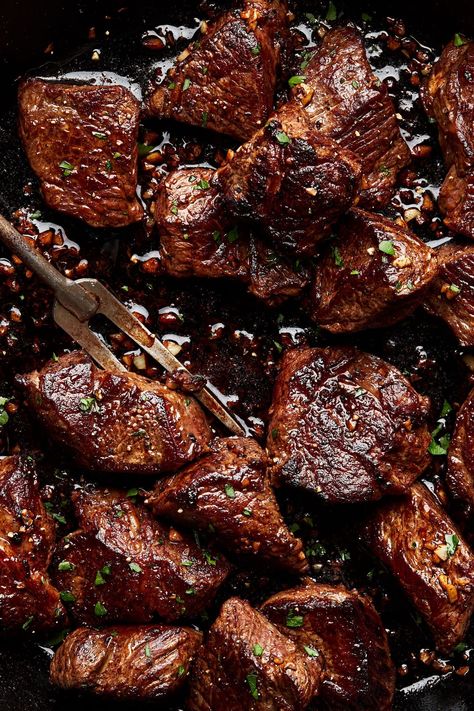 Steak Bites | The Modern Proper Sticky Steak Bites, Pan Fried Steak Bites, Cast Iron Steak Bites, Top Round Steak Dinner Ideas, Pork Steak Bites, Chuck Roast Bites Recipes, Steak With Butter Sauce, Steak Tidbits Recipes, Cube Meat Recipes