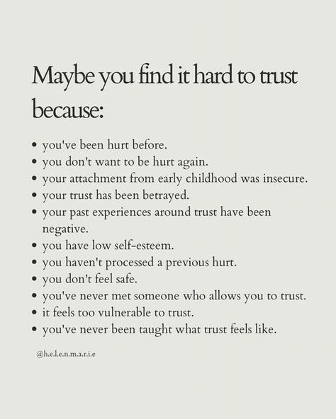 helen marie | therapist PGDip MPH BSc (Hons) MBACP on Instagram: "On trust 🤍 Trust is a feeling. We can’t be told to trust because we have to connect with a feeling deep within that can sometimes be hard to express in words. However, our relationship with trust can be tricky based on past experiences so I’ve shown here how it can show up in relationships & also how relationships can look when there is trust present 🌱 Trust can be rebuilt by actions not words & the accompanying feelings of safe How To Be Trustworthy, Fixing Trust Issues Relationships, How To Overcome Trust Issues, How To Trust, How To Trust Again, How To Trust Again Relationships, Being Present Quotes, Learning To Trust Again, Relationship Trust Issues