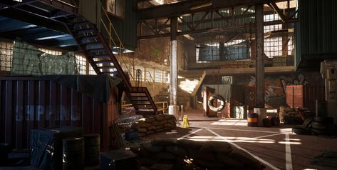 Old Warehouse Interior, Warehouse Hangout, Warehouse Concept Art, Fantasy Warehouse, Sesh Room, Anime Locations, Warehouse Background, Warehouse Interior, Warehouse Project