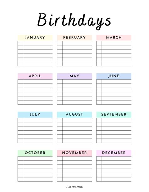 Colorful birthday calendar. Boxes for each month with lines to write name and birthdate. Birthdays written at the top in large script font Birthday Calander Printable Free Calendar, Birthday Tracker Template, Work Birthday Calendar, Birthday Chart Printable Free, Birthday Organization Ideas, Birthday List Template Free Printable, Birthday Planner Printable, Birthday Calendar Printable Free, Birthday To Do List Things To Do