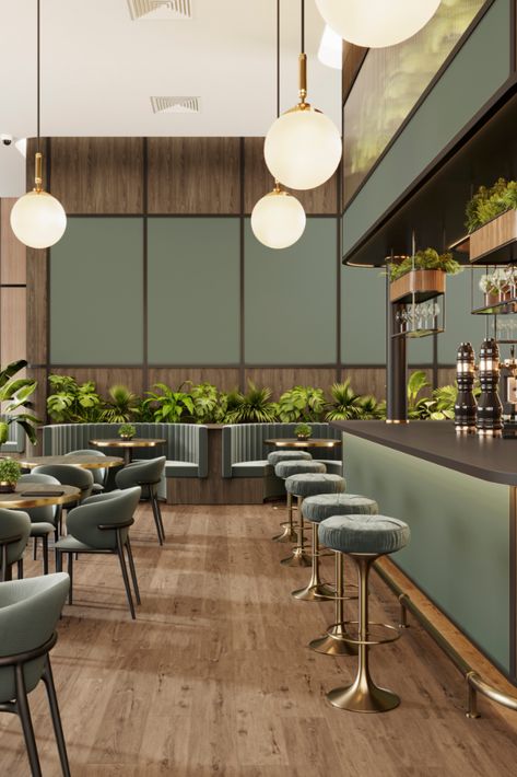 a bar space with wooden and green walls and the bar table Sage Green Restaurant Interior, Sage Green Restaurant, Earthy Restaurant Design, Dark Green Restaurant, Green Cafe Design, Green Restaurant Interior, Green Cafe Interior, Restaurant Color Palette, Bamboo Cafe