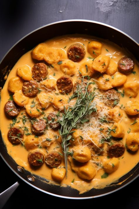 Squash Gnocchi Recipes, Creamy Butternut Squash Gnocchi, Gnocchi With Sausage, Butternut Squash Gnocchi, Squash Gnocchi, Butternut Squash Sauce, Creamy Butternut Squash, Butternut Squash Puree, Squash Puree