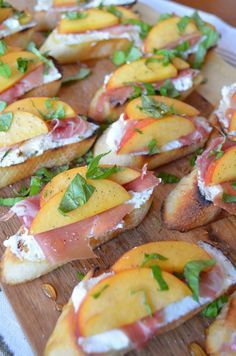 Crostini with Peaches, Ricotta, Prosciutto, Honey and Basil — From Scratch with Maria Provenzano Ricotta Prosciutto, Ricotta Crostini, Nectarine, Party Food Appetizers, Yummy Appetizers, Appetizer Snacks, Peaches, Finger Foods, Ricotta