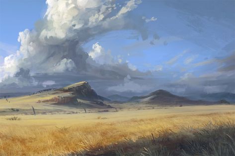 The Talenta Plains are a vast grassland stretching from the Blade Desert to the borders of Karrnath and the Mournland. It is the home of wandering herds of buffalo-sized dinosaurs and tribal halflings remaining true to their ancient nomadic way of life since the days before humans walked the lands of Khorvaire. The Talent Plains stretches across the middle eastern side of Khorvire. It reaches the Endworld and Ironroot Mountains to Dead Gray Mist of the Mournland. Their southern border with... Plains Landscape, Magic: The Gathering, Landscape Concept, Fantasy Setting, Fantasy Places, Landscape Scenery, Wow Art, Fantasy Art Landscapes, Fantasy Concept Art