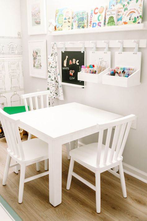 Our Basement Craft Table and Art Station - Danielle Moss Kids Playroom Art Station, Ikea Kids Table And Chair, Playroom Art Organization, Arts And Crafts Area Small Spaces, Wall Art Station For Kids, Children Craft Table, Playroom With Table And Chairs, Kids Playroom Art Area, Kids Table Ikea