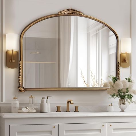 PRICES MAY VARY. Dimenson:Mirror with frame 37"X29" 1-Pack Gold Antique Country Style: Baroque ornate patterns pair it with vintage gold ,It doesn’t have to be just a tool for reflection，It can also be a stunning work of art in and of itself. Suitable Scene:This arched gold mirror fits wall decor and artistic display for the living room,,bedroom,bathroom,hallway,entryway,Along a Staircase decor... High Quality: 4MM thickness HD mirror to achieve high-definition 1:1 imaging. Equipped with an expl Vintage Italian Bathroom, Bathroom Feature Wall Ideas, Tuscan Style Bathroom, French Bathroom Decor Vintage, Antique Mirror Bathroom, Grandma Bathroom, Arched Gold Mirror, Bathroom With Gold Accents, Bathroom Tub Decor