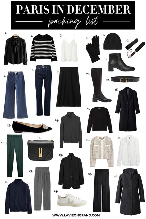 26 pieces of clothing to pack for Paris. What To Wear In Switzerland In December, What To Pack For Paris, Paris In December, December Outfits, Parisian Outfits, Paris Winter, Winter Travel Outfit, French Women Style, Capsule Wardrobe Outfits