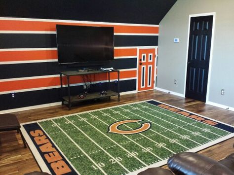 Chicago Bears man cave Man Cave Basement Rustic, Chicago Bears Man Cave, Man Cave Basement Diy, Chicago Bears Colors, Football Man Cave, Sports Man Cave, Ultimate Man Cave, Rustic Wood Decor, Man Cave Basement