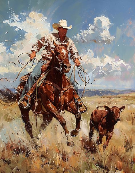 This working cowboy shows the synergistic bond between his well-trained horse and his precise and practiced control, as he skillfully and swiftly secures the calf. Cowboy Artwork, Jackson Hole Art, Cowboy Artists, Painted Horses, Cowboy Pictures, Western Artwork, Western Photography, Western Paintings, Western Artist