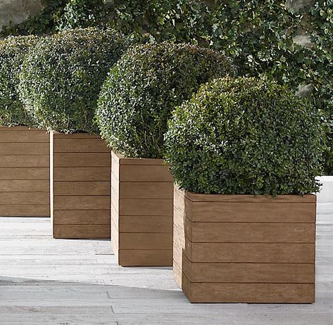 Reclaimed French Oak Square Planters, 22-inches square, on sale for $419 at Restoration Hardware. Large Garden Planters, Large Outdoor Planters, Garden Planter Boxes, Wooden Planter Boxes, Diy Raised Garden, Square Planters, Wooden Planters, Wood Planters, Large Planters