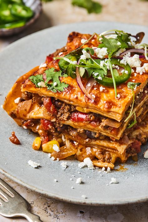 Healthy Mexican Lasagna, Fancy Mexican Dinner, Mexican Lasagna With Corn Tortillas, Mango Dishes, January Meals, Mexican Lasagne, Mexican Lasagna Recipe, Taco Lasagna Recipe, Mexican Lasagna Recipes