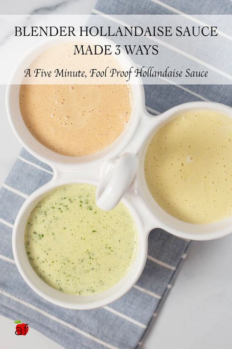 This fool proof, 5 minute, Blender Hollandaise Sauce Made 3 Ways results in a perfect sauce every time! With 3 different variations, this smooth and creamy sauce is the perfect topping your favorite brunch dishes, fish, or even vegetables! #blenderhollandaise #hollandaisesauce #sauce #hollandaise #brunch #eggsbenedict Pesto Hollandaise Sauce, Dill Hollandaise Sauce, Blender Hollandaise Sauce, Butter Cream Sauce, Blender Hollandaise, Korean Thanksgiving, Egg Benedict, Cilantro Pesto, Homemade Sauce Recipes