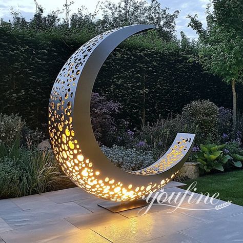 Outdoor Stainless Steel Crescent Moon Sculpture -YouFine Moon Sculpture Art, Symbolic Moon-shaped Metal Jewelry, Crescent Moon Sculpture, Moon Sculpture Wall, Moon Sculpture, Metal Snake Sculpture, Yard Decorations, Steel Sculpture, Yard Decor