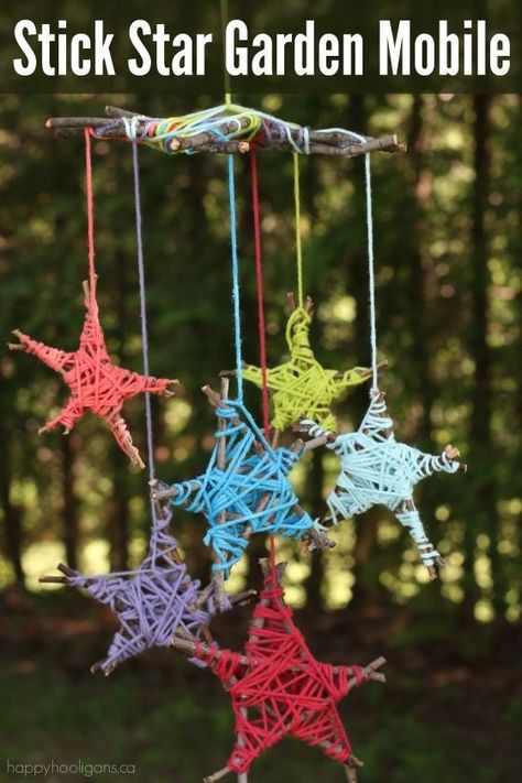 With sticks from the garden and scraps of yarn, kids can make this colourful star-stick mobile to hang from your porch, patio or a tree in your backyard. Star Garden, Mobiles For Kids, Funny Vine, Happy Hooligans, Camping Crafts, Nature Crafts, Garden Crafts, Garden Ornaments, Summer Crafts