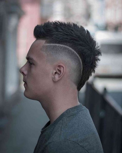 Mens Burst Fade Mohawk, Mohawk Fade With Design, Mens Hairstyles Faux Hawk Fade, European Mohawk Haircut, Burst Fade Mohawk Faux Hawk, Mens Haircut Mohawk Fade, Skin Fade Mohawk Shaved Sides, Men With Mohawks, Men’s Short Mohawk