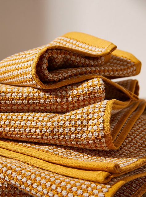 Retro dotted towels | Simons Maison | Jacquards & Embroidery | Bath Towels | Simons Mustard Color Bathroom, Bathroom Textiles, Yellow Towels, Yellow Bathrooms, Guest Towel, Towel Collection, Bathroom Colors, Dark Yellow, Face Towel