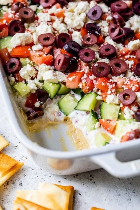 Greek 7 Layer Dip, 7 Layer Greek Dip, Greek Hummus, Lemon Greek Yogurt, Greek Dip, 7 Layer Dip, Hummus Dip, Party Dip, Layer Dip