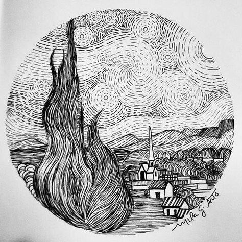 Pen Illustration Simple, Horizontal Drawings, Drawing Ideas Black, Easy Pen Drawing, Mini Drawing, Fineliner Art, On Tattoo, Pen Art Drawings, Arte Van Gogh