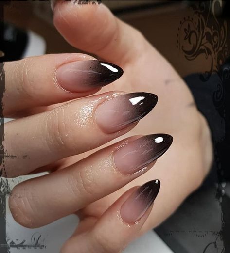 Black Gradient Almond Nails, Almond Shape October Nails, Reverse Black Ombre Nails, Black Ombre Almond Shaped Nails, Dark Ombre Nails Almond, Gothic Dip Powder Nails, Black French Ombre Nails, Sharp Halloween Nails, Black Ombre Halloween Nails