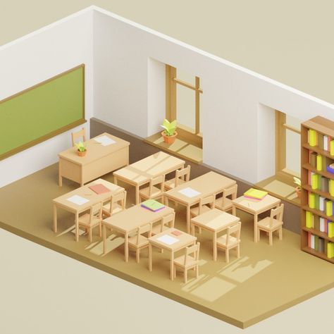 Low Poly Chair, Table, Plant, Window, Bookshelf... in a Classroom 3D Model Window Bookshelf, Classroom Scene, Elementary School Architecture, Poly Chair, Teacher Table, Half Table, House Models, Classroom Background, Green Board