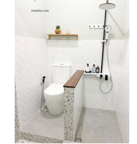 Bilik Air Kecil, Small Bathroom Plans, Small Space Bathroom Design, Minimalist Small Bathrooms, Toilet And Bathroom Design, Toilet Room Decor, Bilik Air, Small Bathroom Layout, Small Bathroom Interior