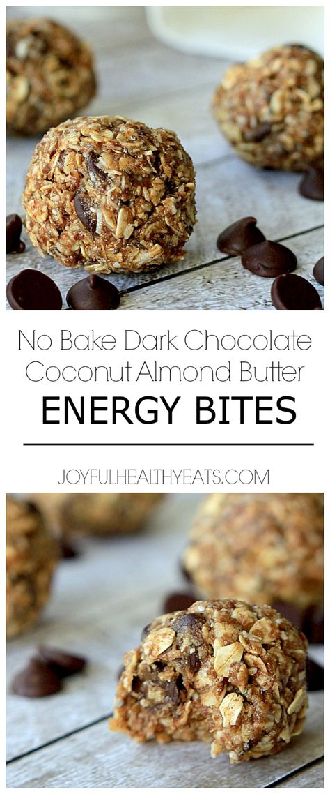 No Bake Dark Chocolate Coconut Almond Butter Energy Bites! Dark Chocolate Coconut, Snack Healthy, Comidas Fitness, God Mad, Energy Snacks, Coconut Almond, Snacks Saludables, Diet Vegetarian, Energy Bites